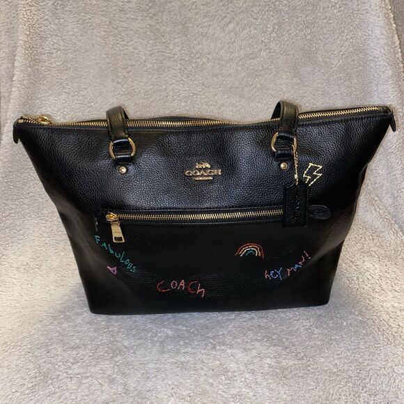 Black Coach Gallery Top Zip Tote With Multicolor Diary Embroidery